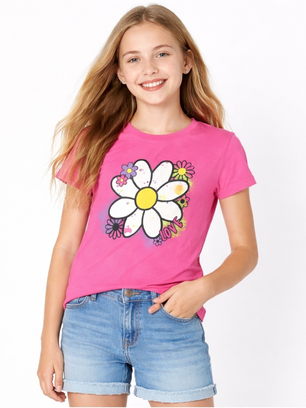 Girls Pink Floral Love Graphic Tee Size‎ L 10/12 Short Sleeve Cotton Top